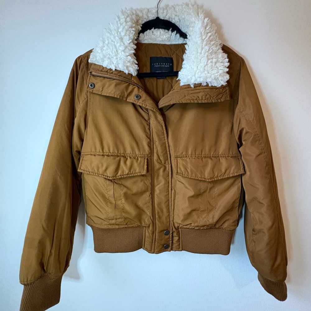 Sanctuary Tan Teddy Jacket with White Faux Shearling Collar